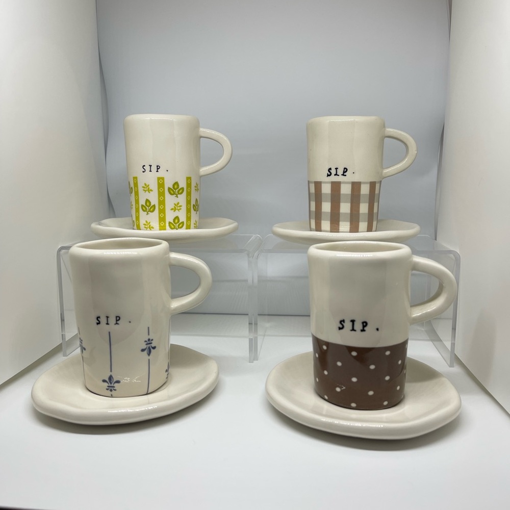 Rare Vintage Rae Dunn Magenta full set,“Sip” 4 espresso/demitasse cups & saucers